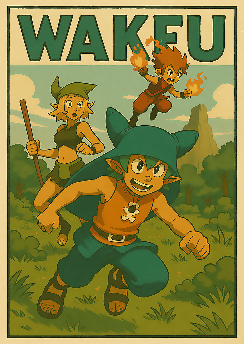 Vibrant Wakfu style anime artwork featuring dynamic characters in a lush green setting.